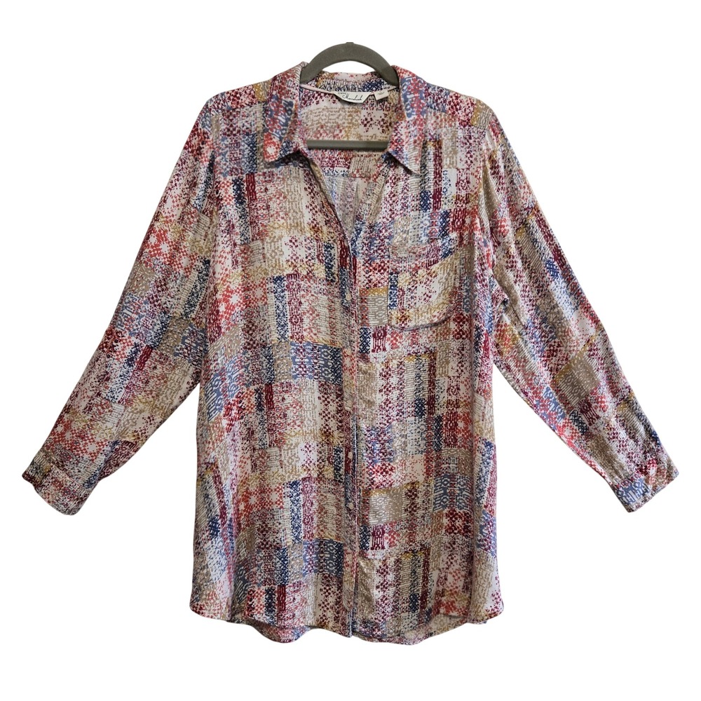 Caffe Marrakesh Womens Multicolor Geometric Dot Print Button Down Shirt Tunic L